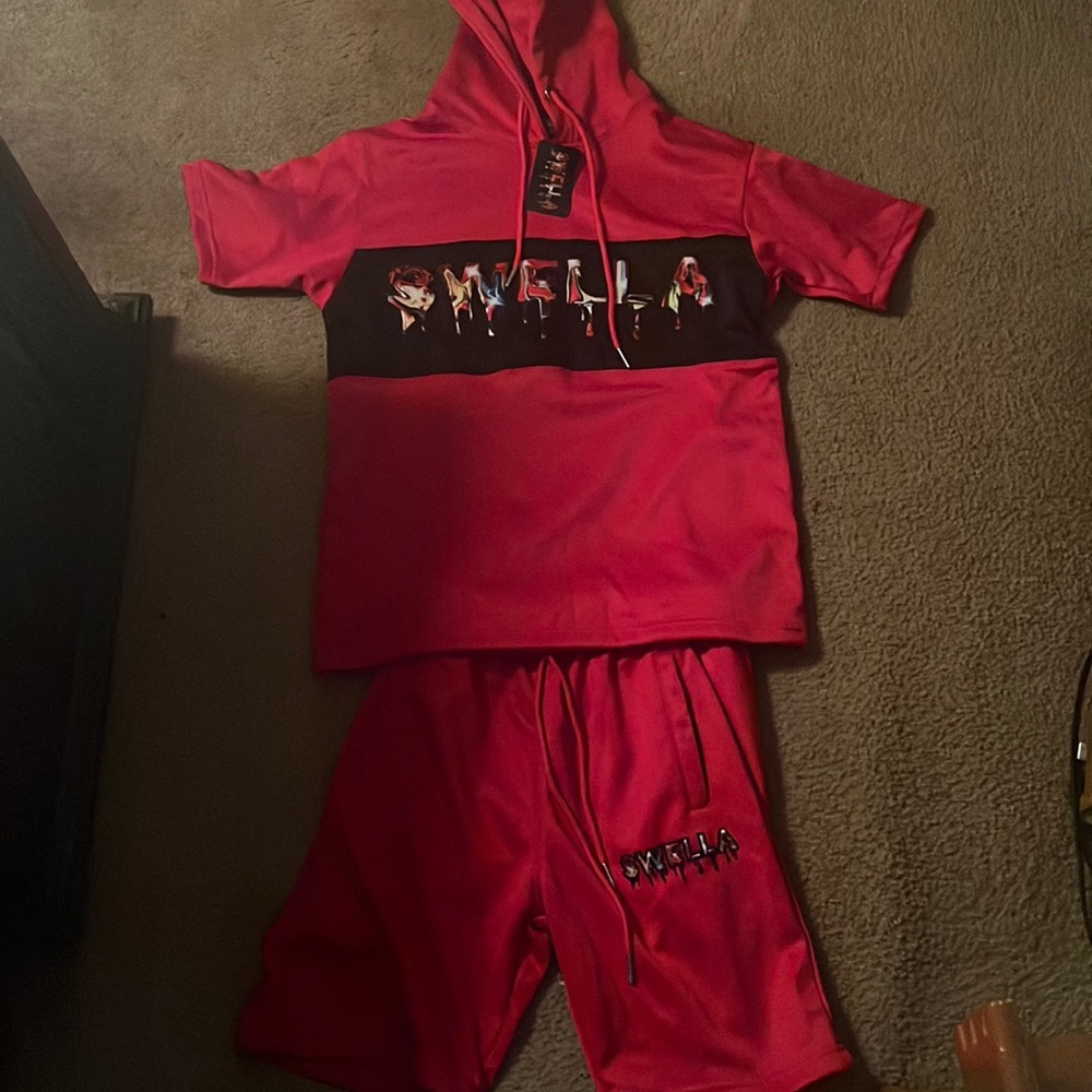 Red hoodie & shorts outfit